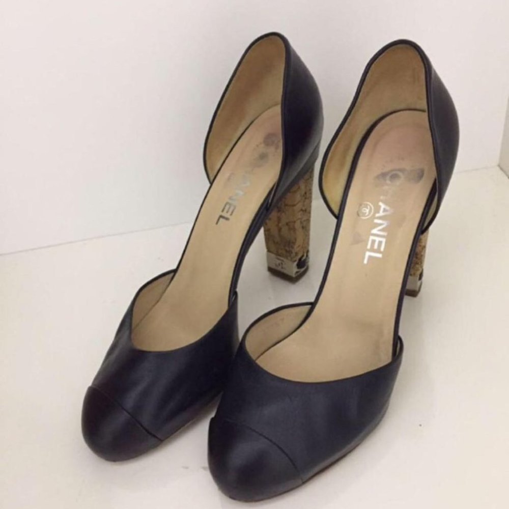 Authentic Chanel Black Leather Cork Heels EU 38.5